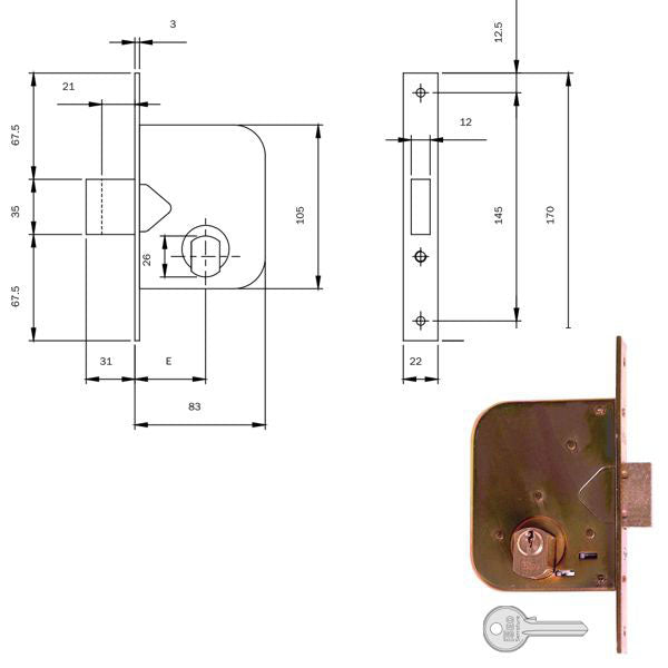 SERRATURA INFILARE FERRO E45 601450 ISEO