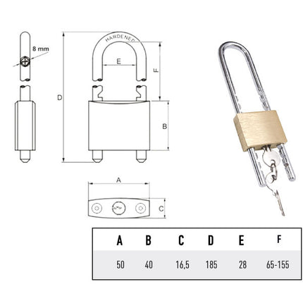 LUCCHETTO OTTONE mm 50 ARCO REGOLABILE POTENT