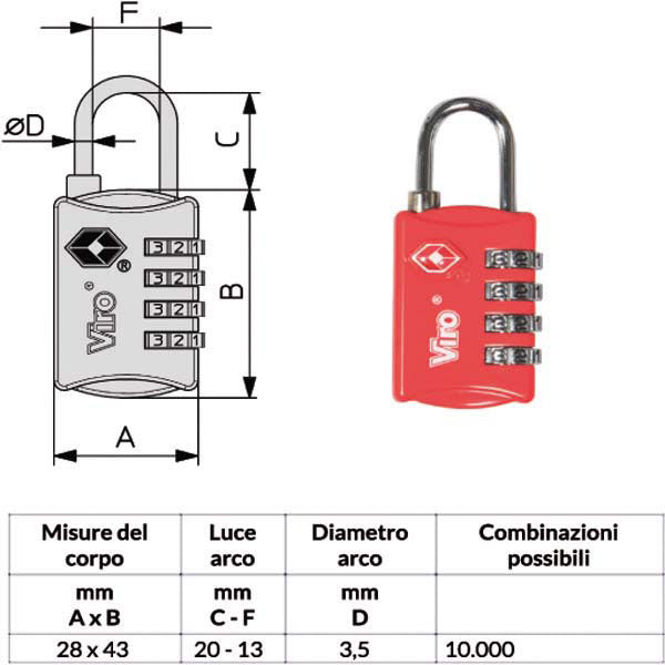 LUCCHETTO ZAMA mm 28 COMBINAZIONE TSA 424.7 VIRO