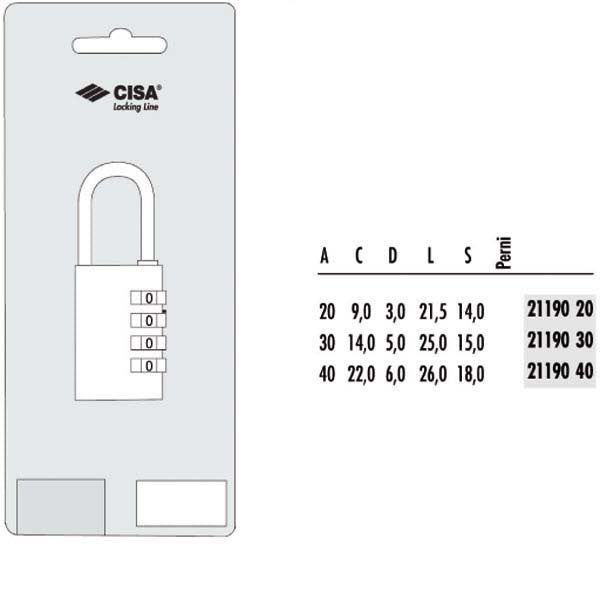 LUCCHETTO OTTONE mm 20 COMBINAZIONE 21190 CISA LL