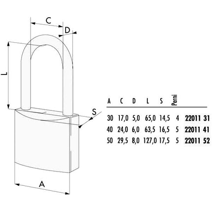 LUCCHETTO OTTONE mm 30 ARCO EXTRA LUNGO 22011 CISA