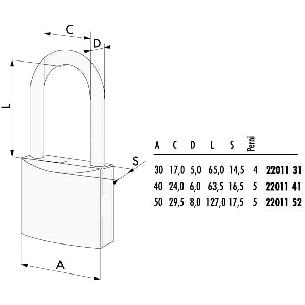 LUCCHETTO OTTONE mm 30 ARCO EXTRA LUNGO 22011 CISA