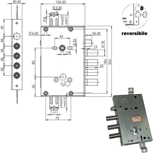 SERRATURA SIC.TRIPLICE CIL. E63 RCI664+10/280 MOIA