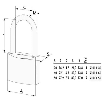 LUCCHETTO OTTONE mm 30 ARCO LUNGO 21011 CISA LL