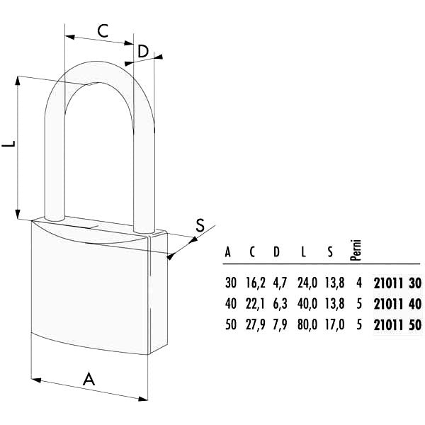 LUCCHETTO OTTONE mm 30 ARCO LUNGO 21011 CISA LL