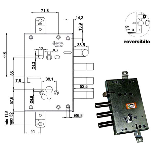 SERRATURA SIC.TRIPLICE CIL. E63 RCI664+21/380 MOIA