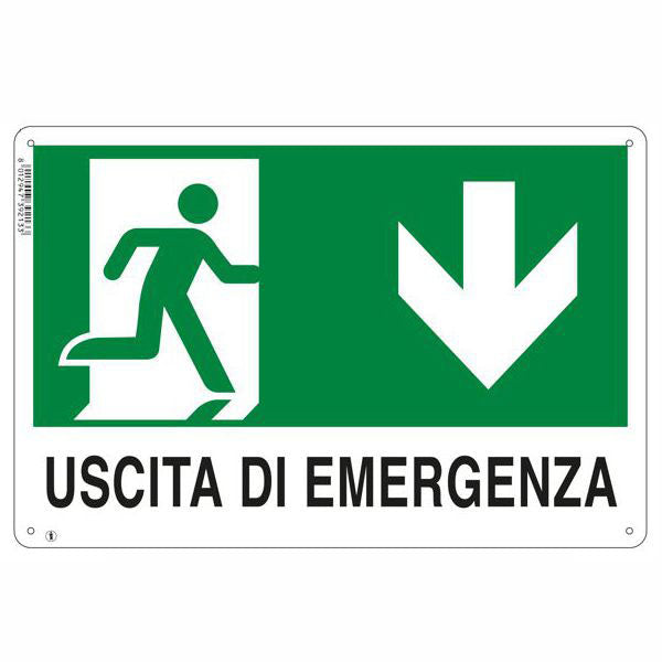 CARTELLO USCITA EMERGENZA GIU' 30x 20 PLASTICA