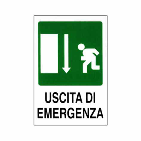 CARTELLO USCITA EMERGENZA GIU' 12x 18 ADESIVO