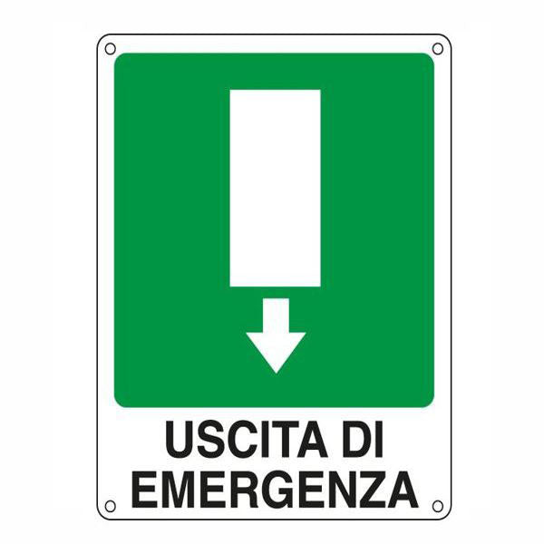 CARTELLO USCITA EMERGENZA GIU' 20x 30 ALLUMINIO